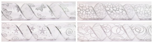  Лента подарочная "атлас" 63мм (рулон 2,5 метра) белое/серебро (выбор рисунка не предусмотрен)  ТриКатушки