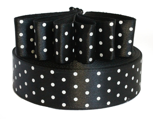  Лента атласная "горох" 25мм (намотка 36 ярдов = 32,9 метров) цв. черный (белый горох)  ТриКатушки