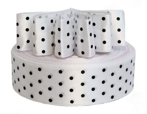  Лента атласная "горох" 25мм (намотка 36 ярдов = 32,9 метров) цв. белый (черный горох)  ТриКатушки