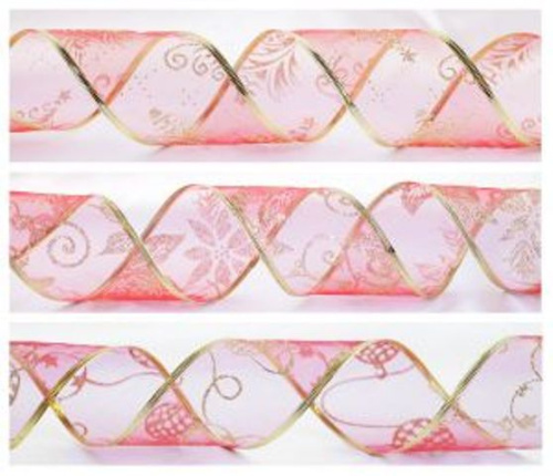  Лента подарочная "органза" 63мм (рулон 2,5 метра) красное/золото (выбор рисунка не предусмотрен)  ТриКатушки