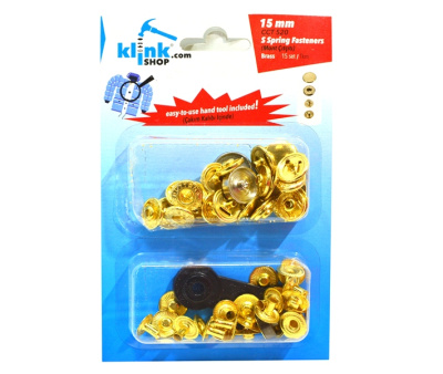  Кнопка в блистере арт.520 НЕРЖ. Альфа 15мм цв. Золото (уп.15 компл.) + Ручной установщик  ТриКатушки