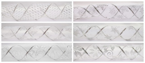  Лента подарочная "органза" 63мм (рулон 2,5 метра) белое/серебро (выбор рисунка не предусмотрен)  ТриКатушки