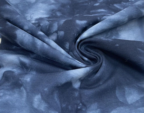  Ткань Футер 2-х нитка с рисунком "тай-дай", 245гр.кв.м, 95% Хб + 5% лайкра, пенье, цв. Синий  ТриКатушки