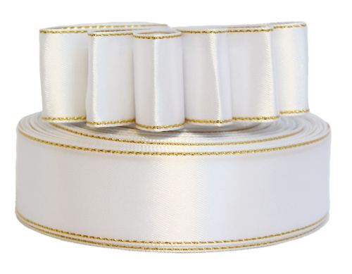  Лента атласная с металлизированной кромкой 25мм (намотка 36 ярдов) белый  ТриКатушки