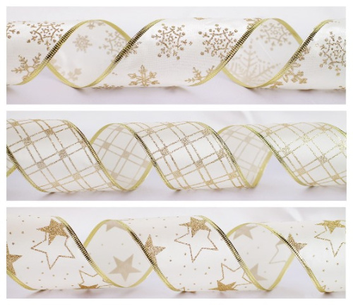  Лента подарочная "атлас" 63мм (рулон 2,5 метра) белое/золото (выбор рисунка не предусмотрен)  ТриКатушки