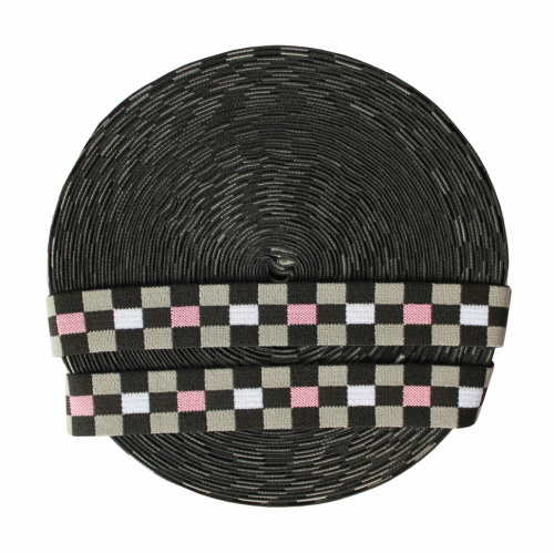  Резинка 89999 Ekoflex Тканная 30мм жаккард "Шахматы" (нам 25 м) цв.черн/бел/сер/роз №90  ТриКатушки